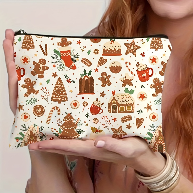 TEMU Christmas Gingerbread For Man & Cookie Makeup Bag - Festive Cosmetic Pouch With Bakery Theme Design, Large Capacity Travel Storage Bag, Personal