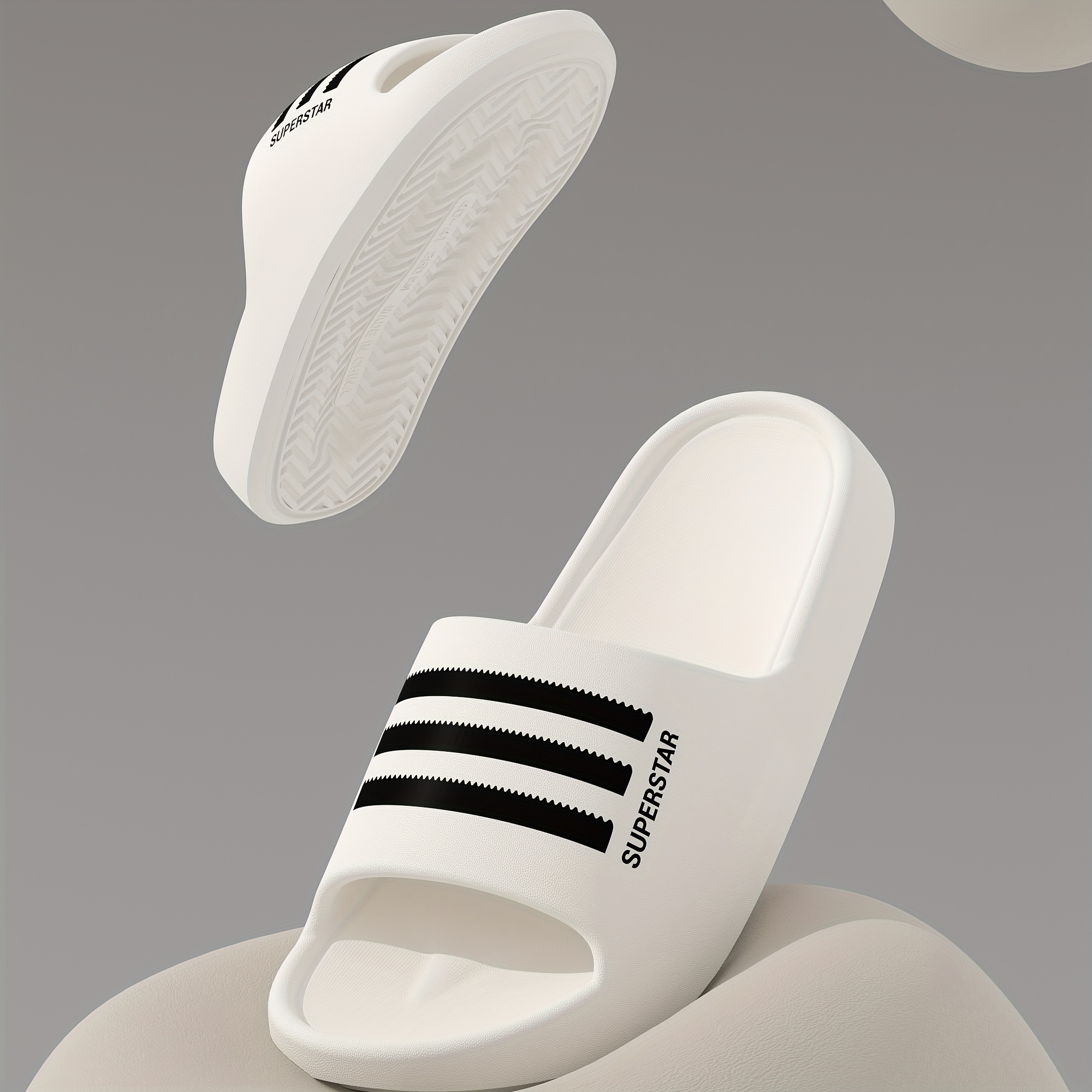 Unisex Superstar EVA Slides - Comfortable, Non-Slip Thick Sole Slippers for Indoor & Outdoor Use, Black & White Striped Design, Lightweight and Machine Washable, House Slippers