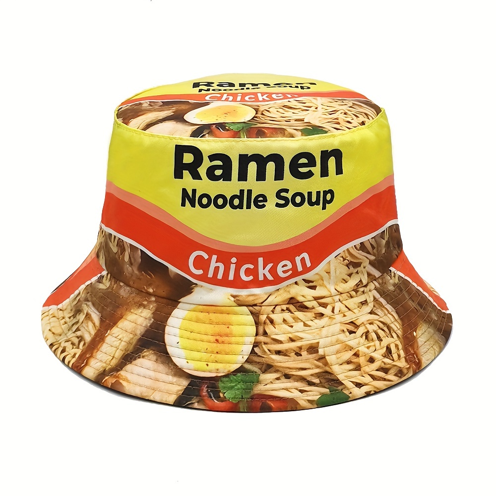 

Novelty Ramen Noodle Soup Print Bucket Hat, Unisex Reversible Hip Hop Outdoor Casual Basin Hat