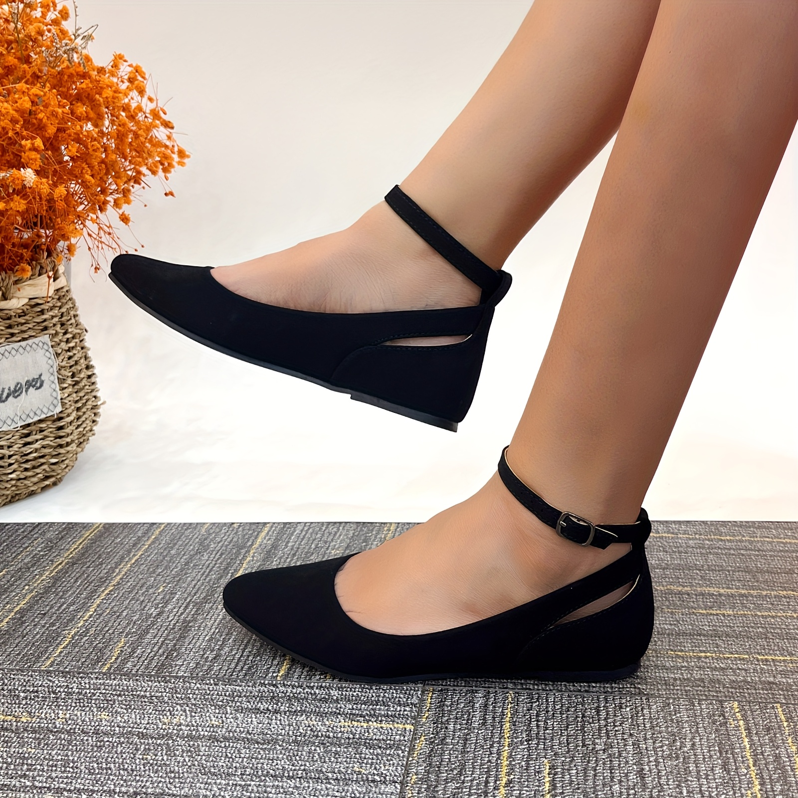 Women'S Dress Flats Ballet Low Wedge Round Toe Ankle Strap Comfortable  Casual Flats Shoes