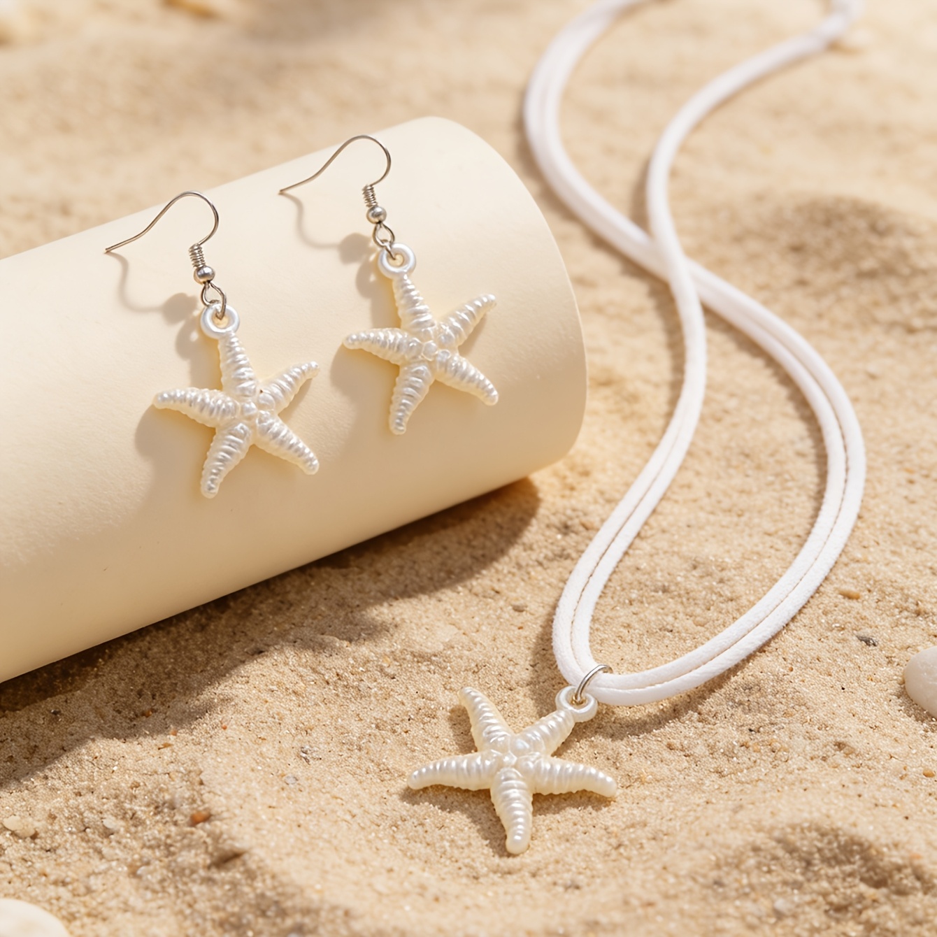 TEMU 2pcs Set: Elegant Artificial Starfish Chunky Chain Necklace + Artificial Starfish White Earrings Women's Jewelry Set, Elegant, Simple, And