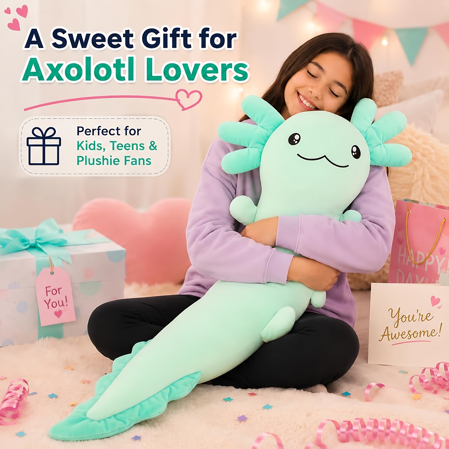 Image of Morismos Giant Axolotl Plush Stuffed Animal, Big Axolotl Plush Pillow Toy For Kids Girl Boy, Jumbo Stuffed Salamander Body Pillow Toy Glow In The Dark, Holiday Birthday Party Decor
