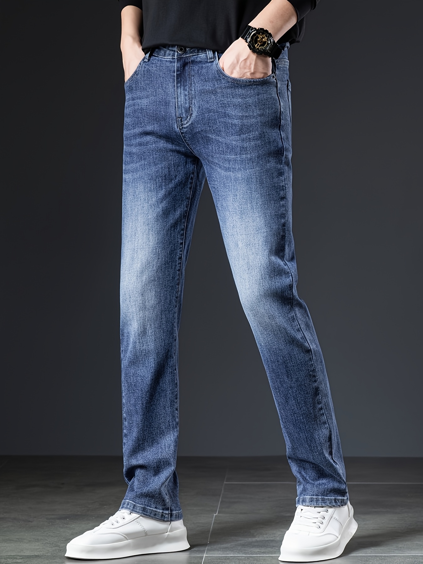 Men'S Slim-Fit Blue Jeans - Solid Color, Stretchy Blend, Washed for Comfort, Perfect for Casual Wear, an Ideal Gift for a Husband Or Boyfriend
