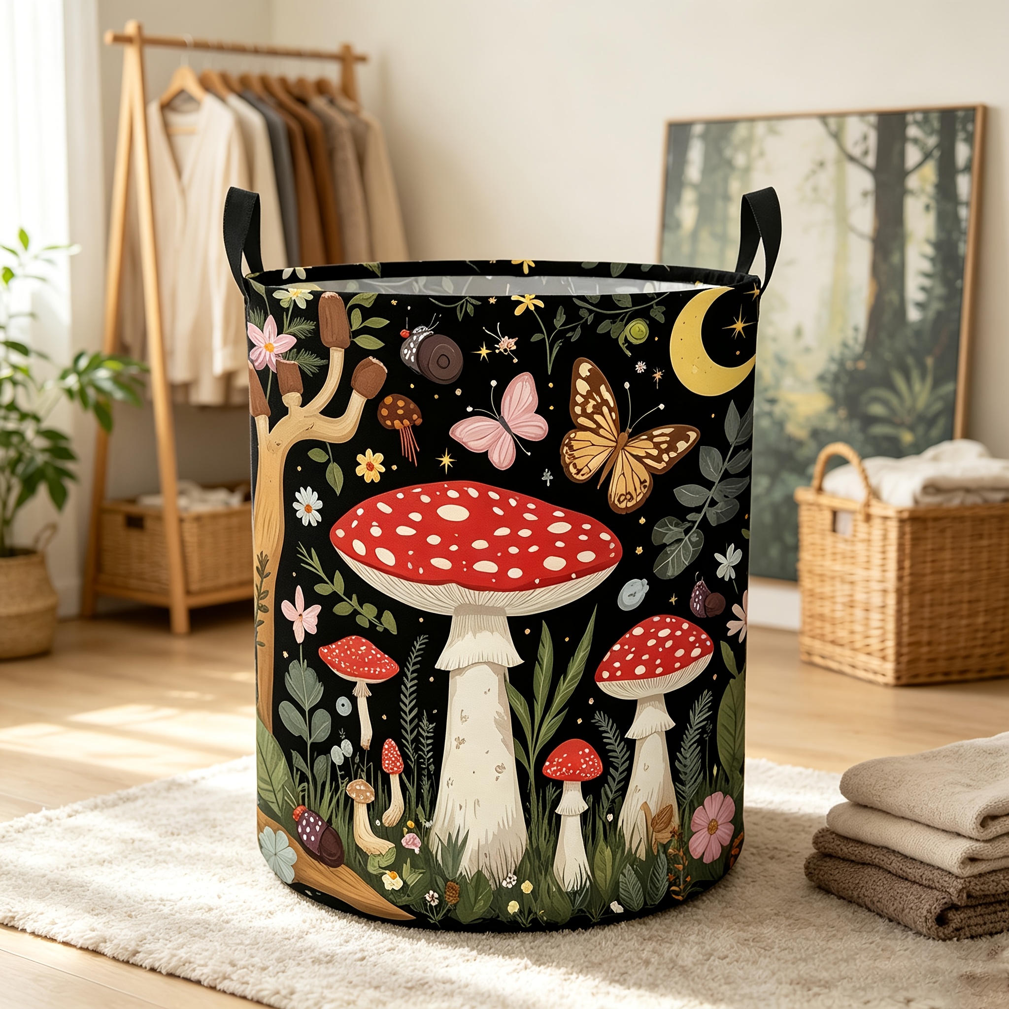TEMU 1 Foldable Laundry Basket With Mushroom And Pattern, Round Storage Bin For Clothes And Sundries, Lightweight Organizer Suitable For Bathroom And