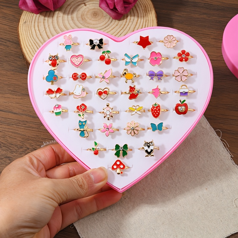 TEMU Love Box Ring Cartoon Enamel Jewelry Girls' Cute Ring Gift Box 36pcs