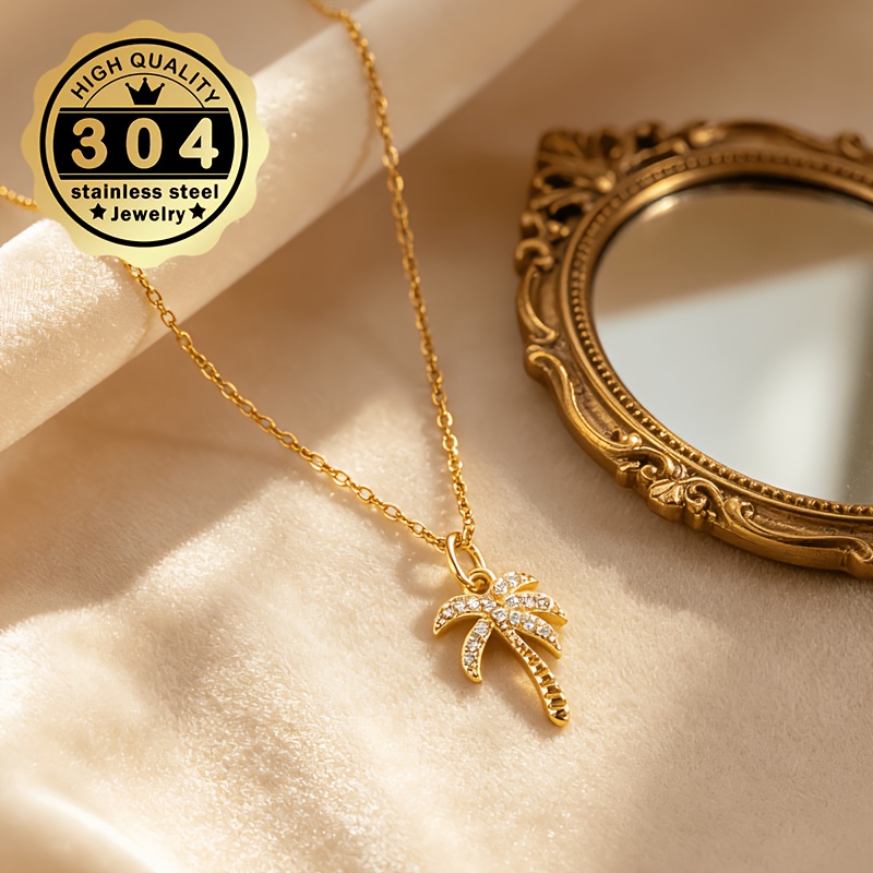 Women's Palm Tree Design Necklace, Stainless Steel with Zirconia