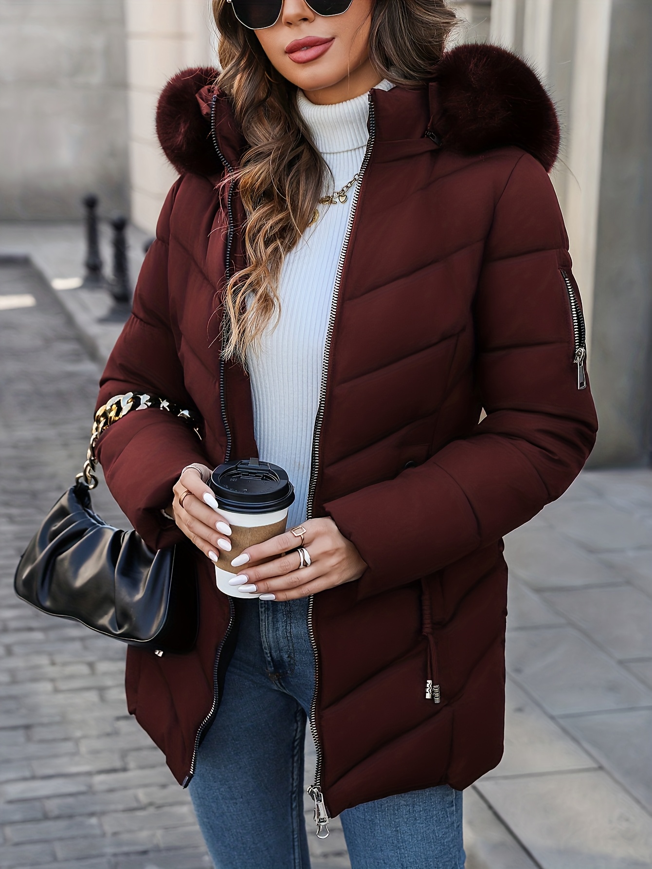 Winter Dames Korte Capuchon Faux Bont Casual Ritsjas met Trekkoord