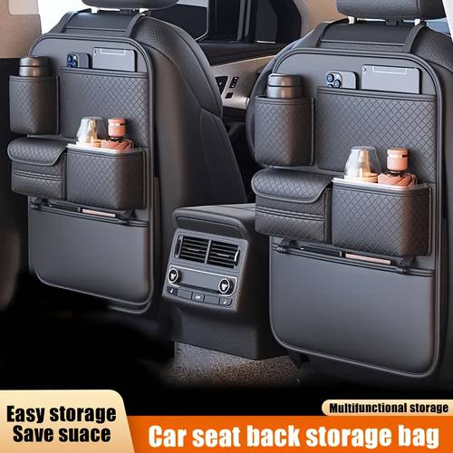 1pc brand new 2025 faux leather car seat back organizer bag featuring a diamond design multi tier storage for bottles tablets laptops and additions black universal chic car organizer bag faux leather car bag