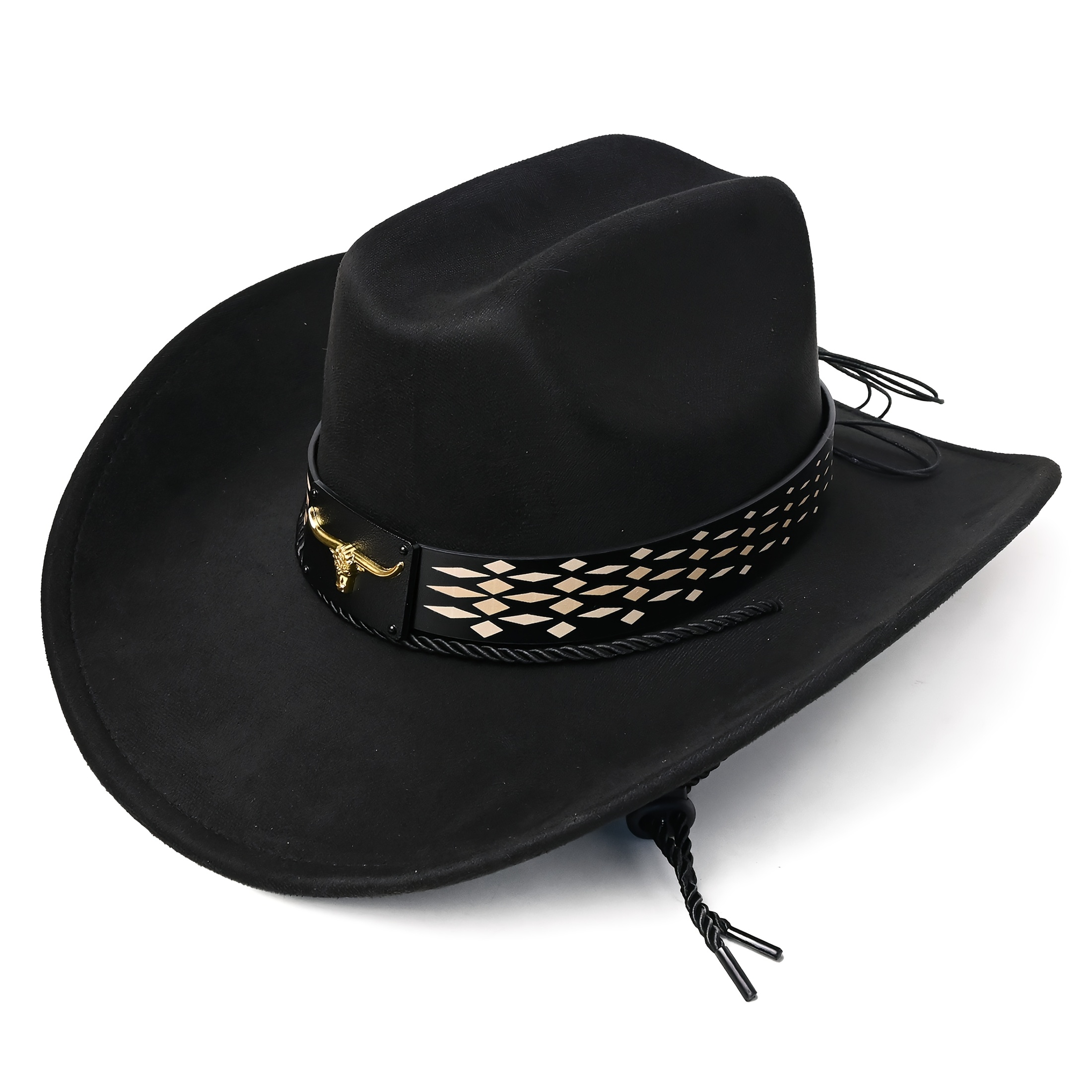 TEMU Unisex Western Cowboy Hat With Ornament, Wide Brim Sun Hat With Decorative Pu Band And Chin Strap, Felt Cowgirl Hat For Outdoor