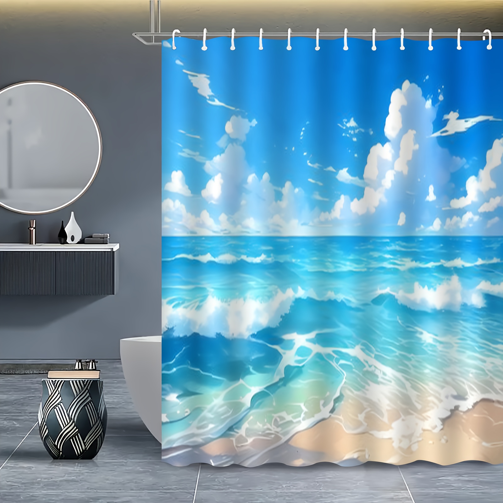 

Elegant Wave Shower Curtain Set With Hooks - Waterproof, Light-filtering Fabric For Bathroom Decor