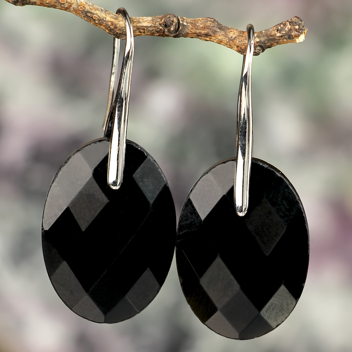 Women's Faceted Obsidian Earrings, Punk Gothic Style