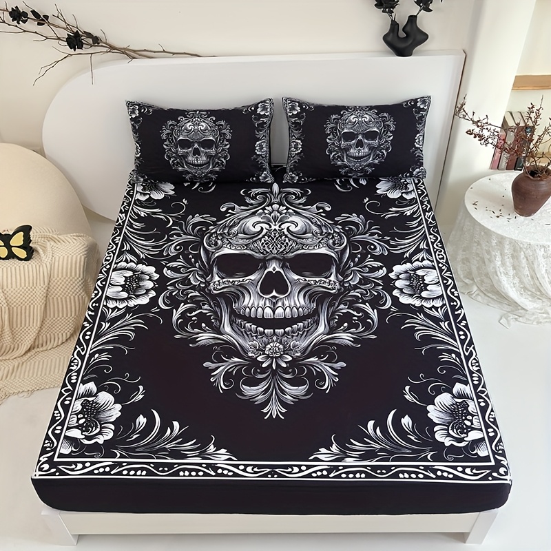 TEMU 2d Flat 3pcs Black And Baroque Gothic Bed Sheet (1pc Bed Sheet And 2pcs Pillowcases No Filling), Deep Pocket 15 Inch Mattress Protector Bedroom