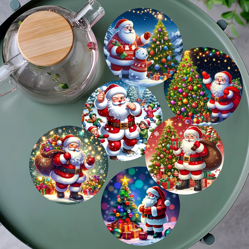 6pcs Set Of Christmas Theme Coasters Featuring Santa Claus Illustrations For Festive Table Decoration