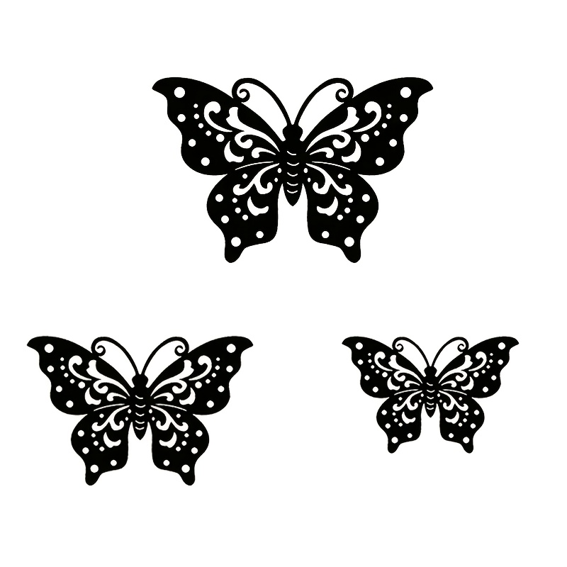 E-shop 3-teilige Metall-Gartenwanddekoration mit Schmetterling – Elegante Eisen-Dekoration für Terrasse, Balkon – Metallblätter & Schmetterlingsformen,
