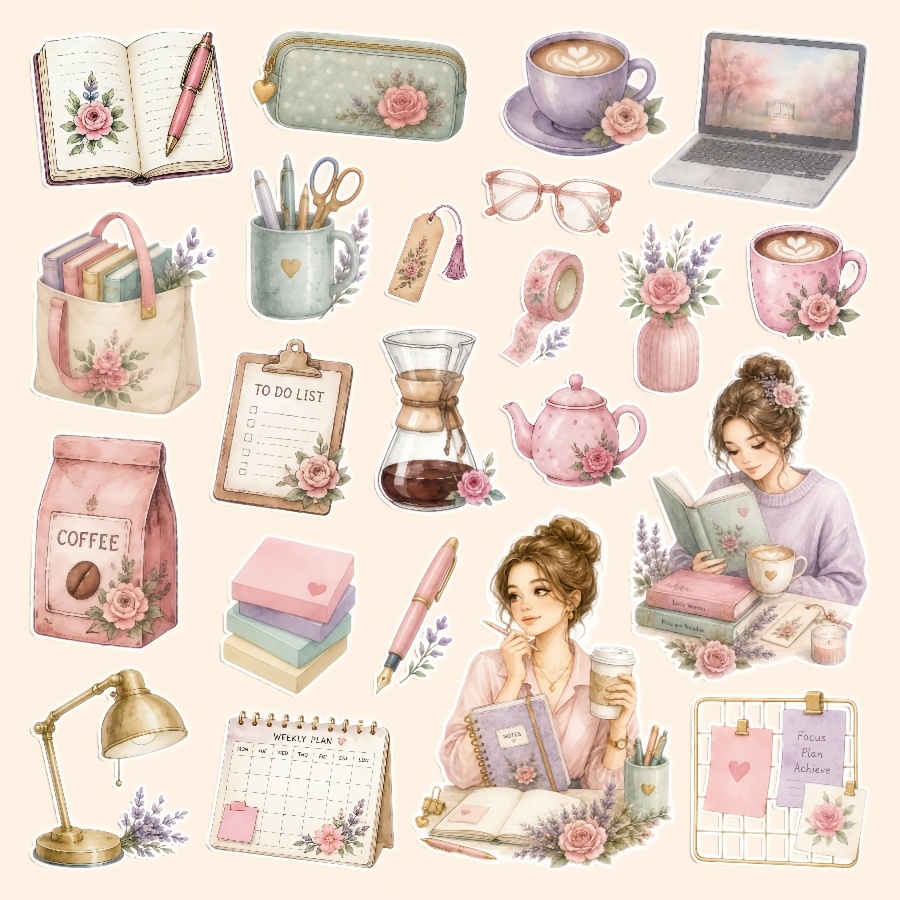 TEMU 1 Set, Autocollants sur le thème de la lecture et du café, Autocollants pour agenda, Autocollants de bureau, Autocollants cadeaux d' et ,