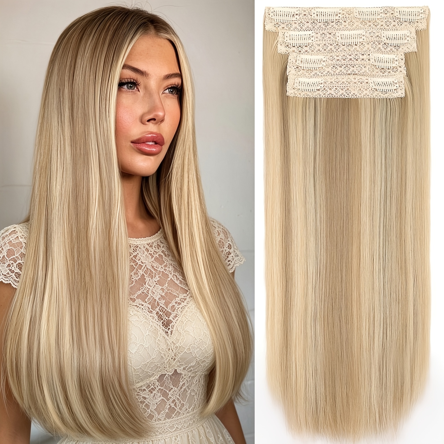 TEMU 4pcs Clip-in Hair Extensions Suitable For Women, 22 Inch Long Straight Synthetic Hair Pieces With Double Weft Technology, Light Brown & Golden