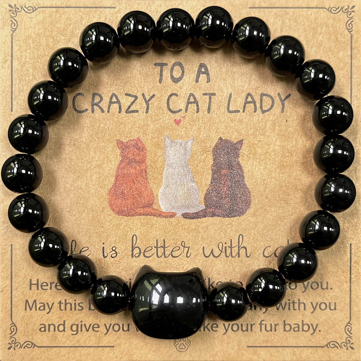 TEMU Handmade 8mm & Cat Bracelet - Natural Stone Beads With 3 Cat Charms, Cute Unisex Jewelry Gift For Cat Lovers (includes Gift Card) - Christmas,