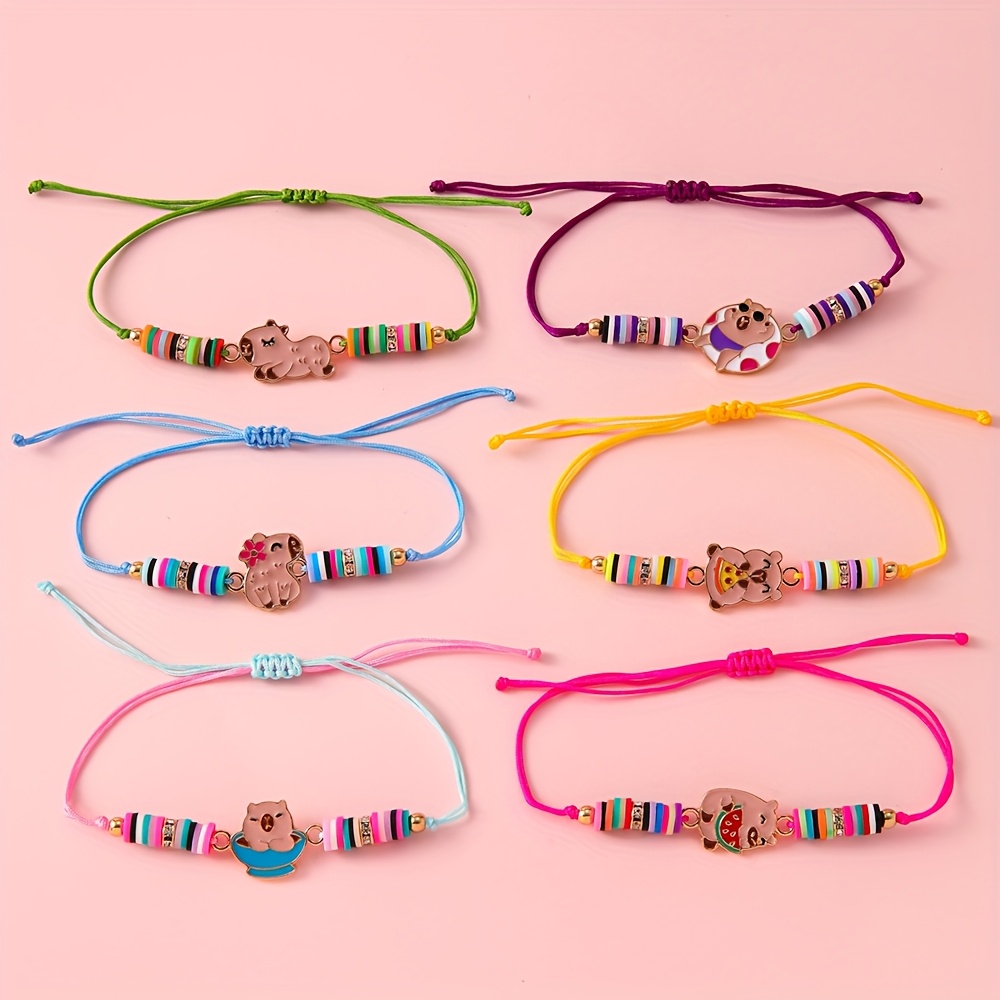 6pcs Cute Capybara Alloy Adjustable Pull String Bracelet Set