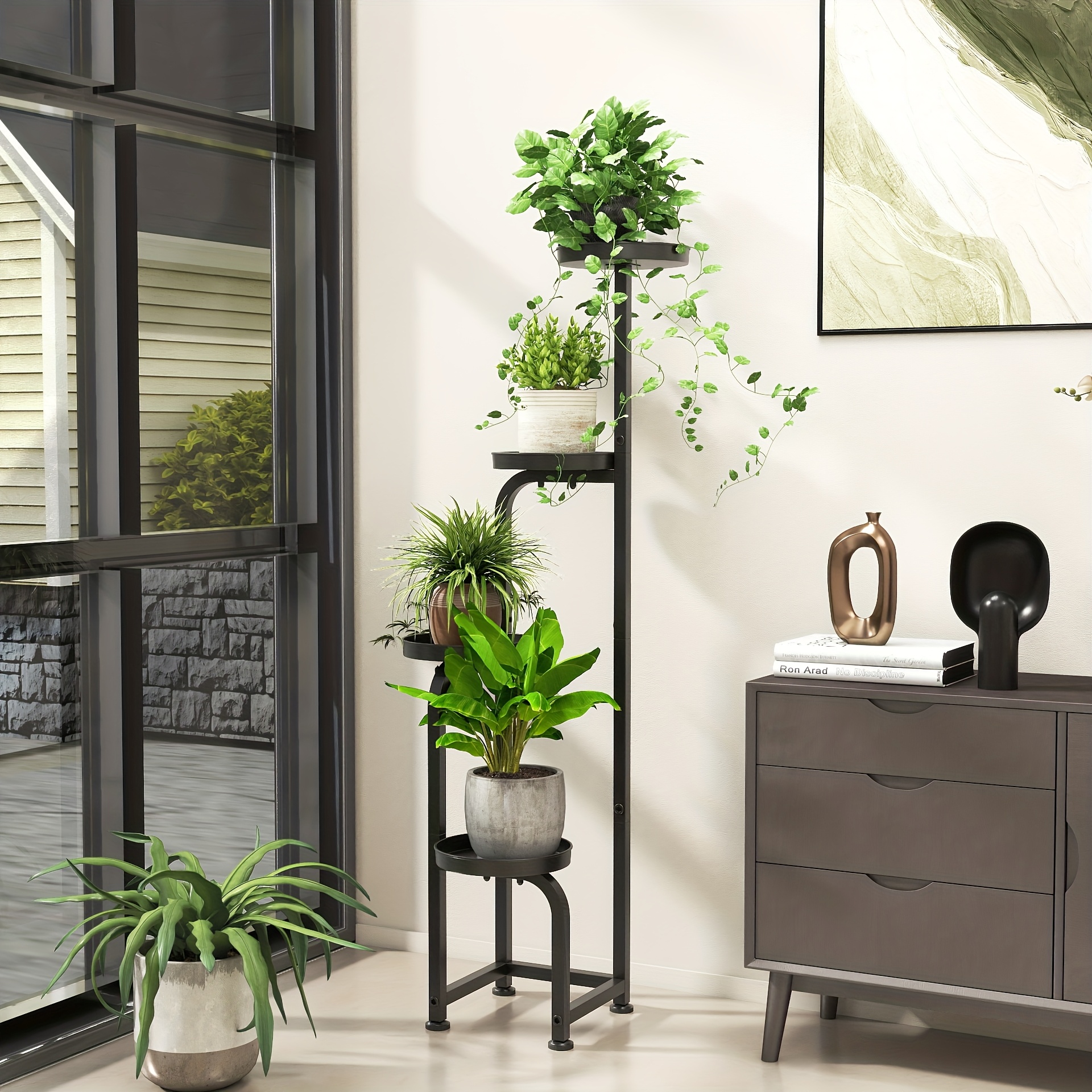 TEMU 4-tier Heavy Duty Metal Plant Stand, Corner Shelf With Irregular Design And Storage, For Indoor/outdoor Use In Living Room, Balcony, Patio