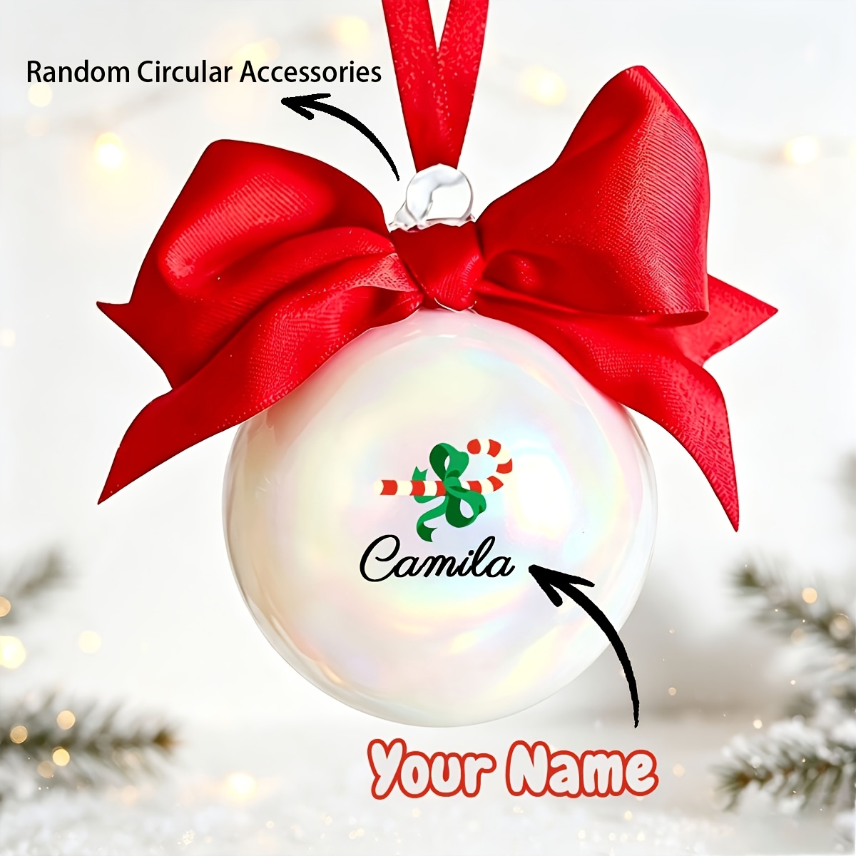 TEMU Personalized Custom Name Christmas Ornament, Customized Name Text Xmas Ball Bauble With Bow, Hanging Decoration For Christmas Tree, Family