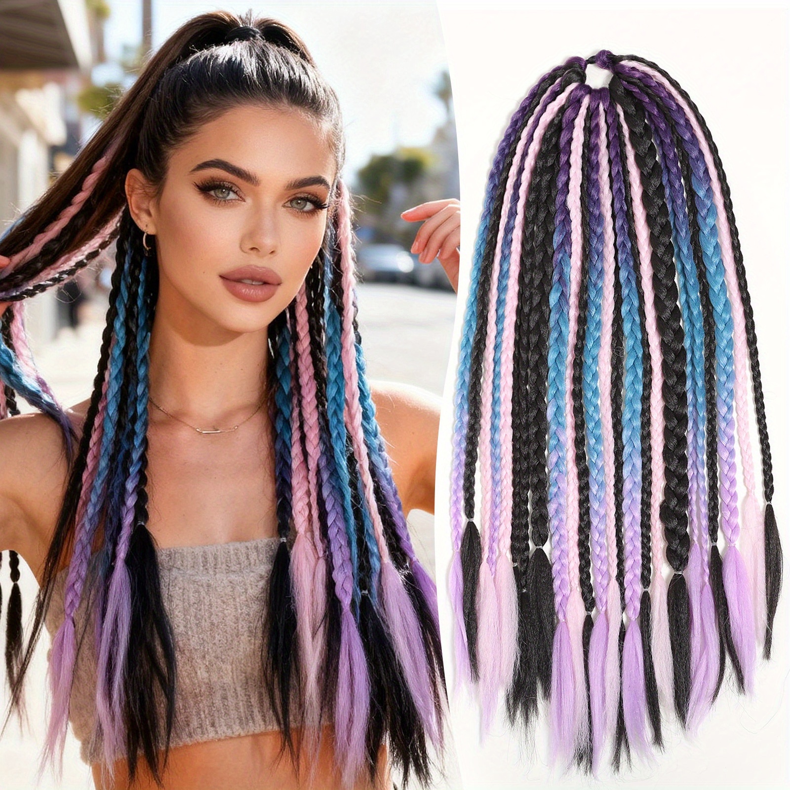 E-shop 24-Zoll Multi-Strand Dreadlock Pferdeschwanz Perücke mit Pink & Blauen Zöpfen - Glatte Haartextur, Hitzebeständige Faser, Keine Pflege