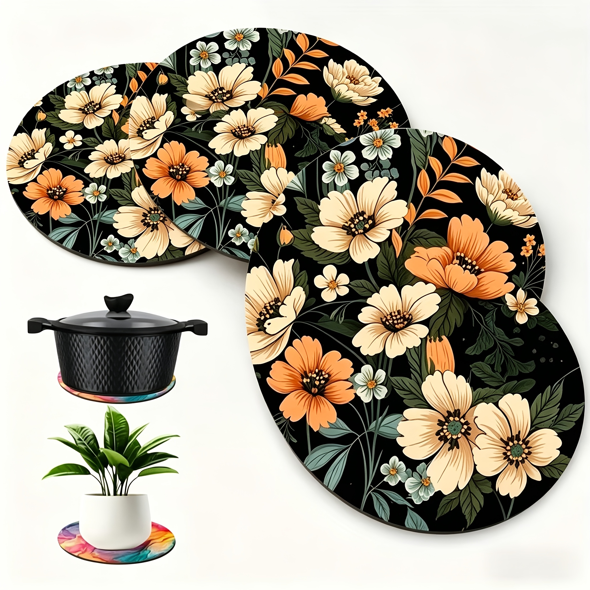 TEMU 4pcs Vintage Floral Pattern Wooden Heat-resistant Coasters, Multi-functional Anti-slip Cup Mats, Suitable For Kitchen, Dining Table, Countertop,