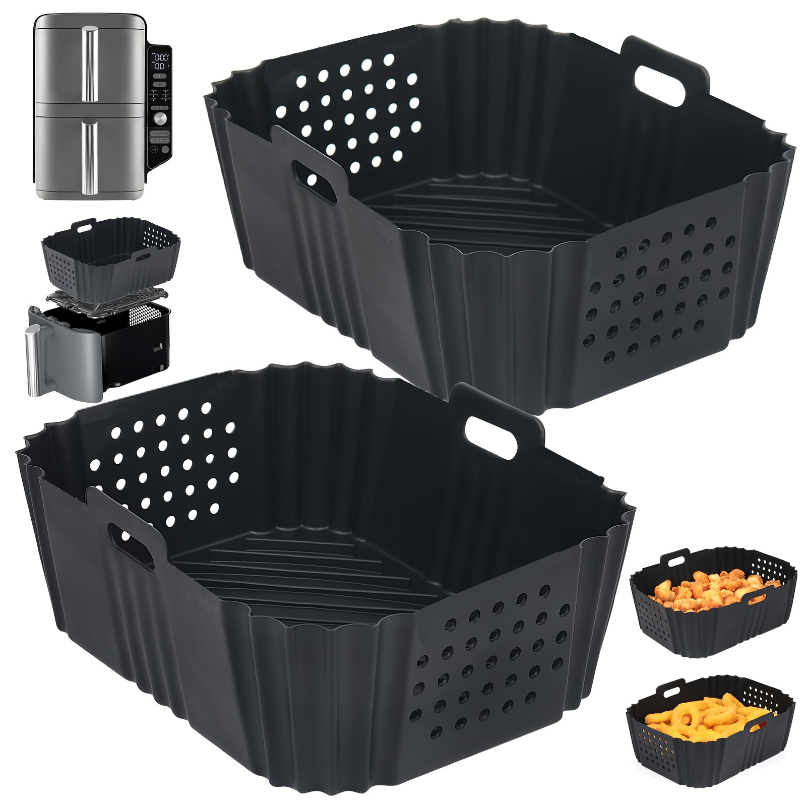 2pcs Silicone Air Fryer Liners For Xl 2.51gal & Dual Models - Reusable, Basket Accessories Compatible With Af400uk, Af451uk, Tower T17088 - Black