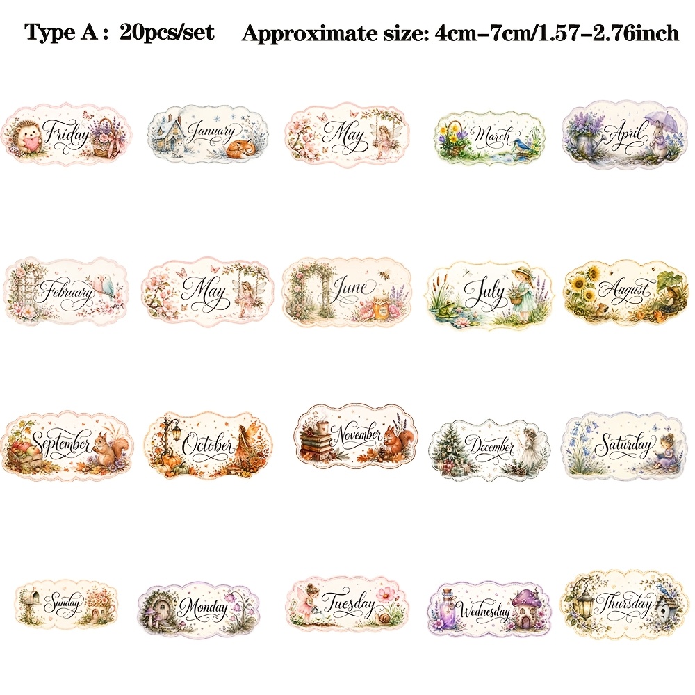 TEMU Ruonaorou 20pcs/set Retro Month/week Label Stickers Creative Flowers Animal Fairy Month/week Hand Account Stickers Diy Decorative Stickers