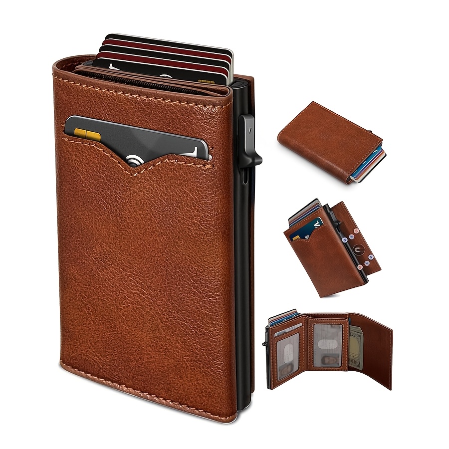 TEMU Men Pop Up Wallet Rfid Blocking Credit Card Holder, Bifold Flip Purse With Windows, Large Capacity Cash Pocket Holds 15 , Push Button Automatic