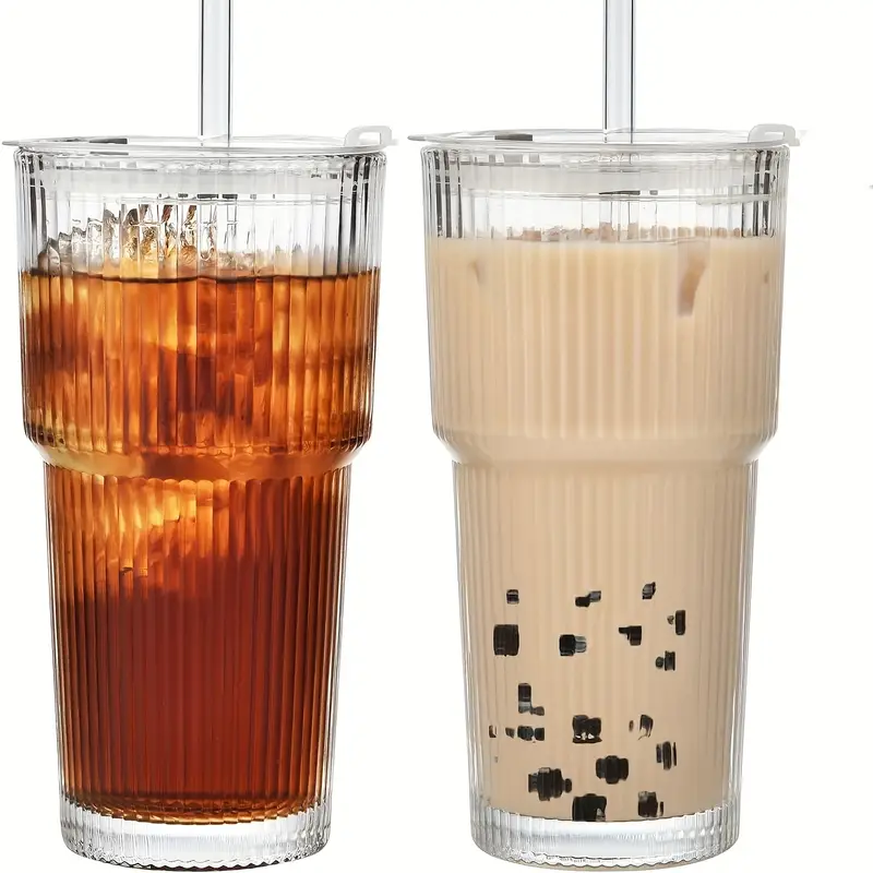 2pcs 600ml 20oz glass cups with lids and 2 straws thick glass portable drinking cups coffee cups beverage cups smoothie cups coffee cups party cups exquisite gifts mothers day gifts birthday gifts Product details 1