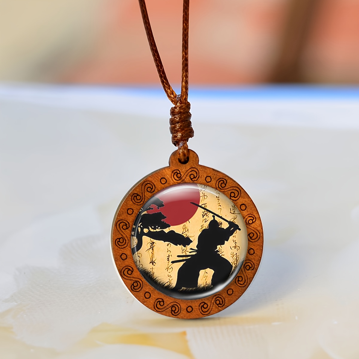 TEMU 1pc Handmade Japanese Warrior Necklace Pendant - D Wood Unisex Lanyard Jewelry With Sword Silhouette, Red Sun & Pine , Japanese Calligraphy -