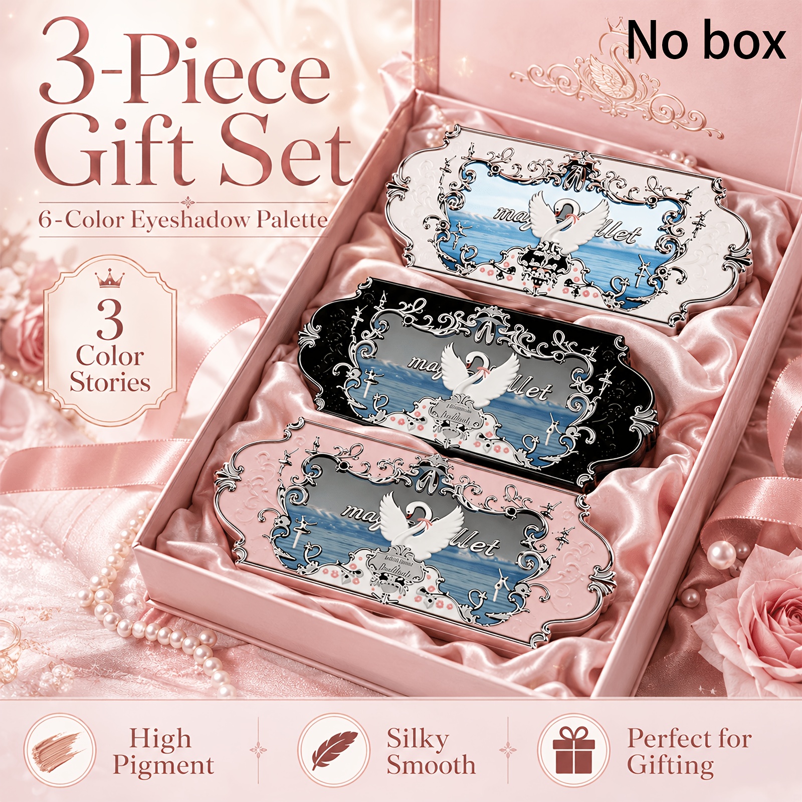 K'APEINE 3pcs Swan Eyeshadow Palette Gift Set, 6 Shades Matte Shimmer Glitter Eye Makeup Palette, Long-Lasting Waterproof Blendable Cream Powder, Neutral Nude Pink Smoky Red Tones, Luxury Vintage Swan Cosmetic Palette Kit, Gift for Women Girls