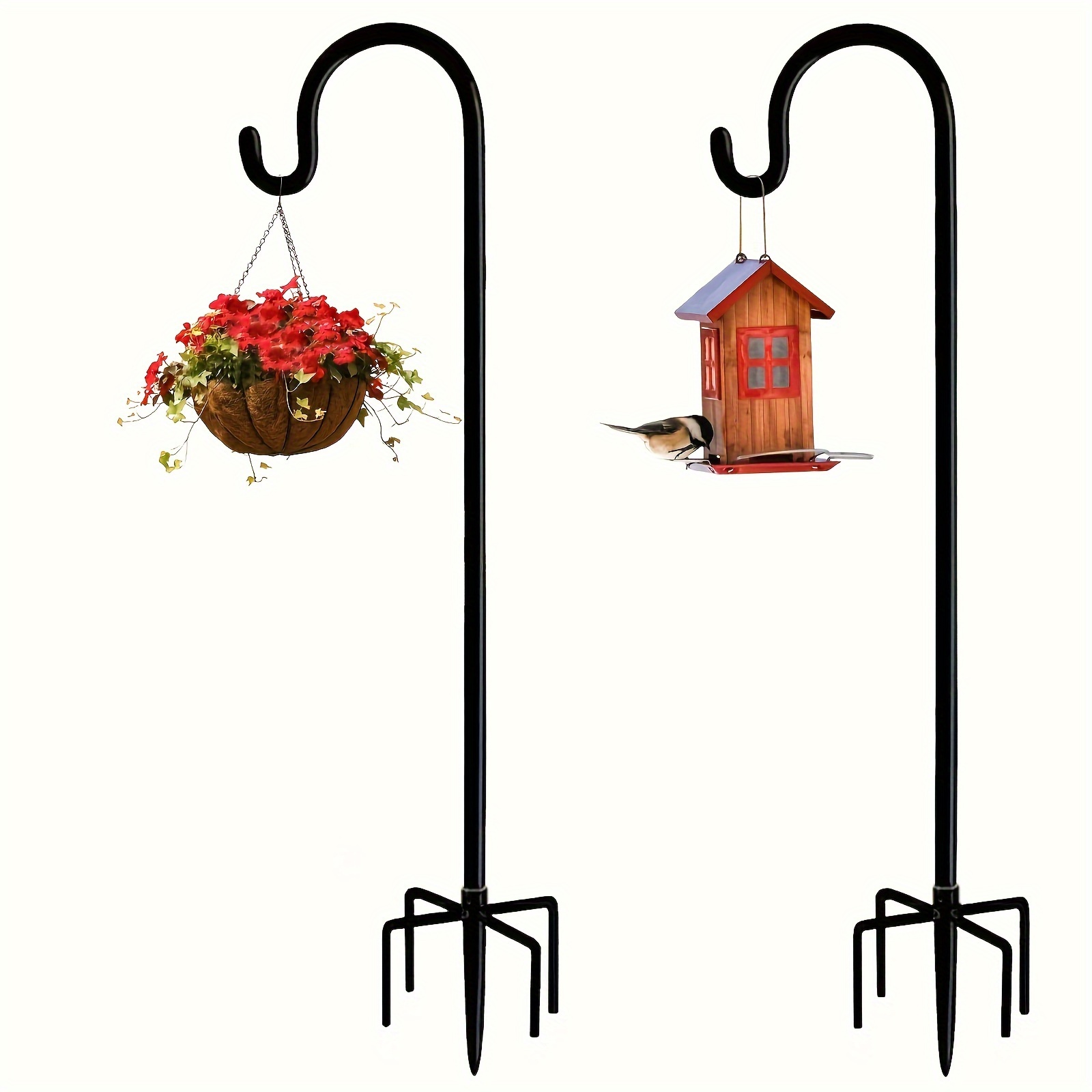 set of 2 outdoor garden shepherd hooks featuring a 5 prong base designed to hold bird feeders adjustable heavy duty solar light plant lanterns and suitable for wedding decorations in black