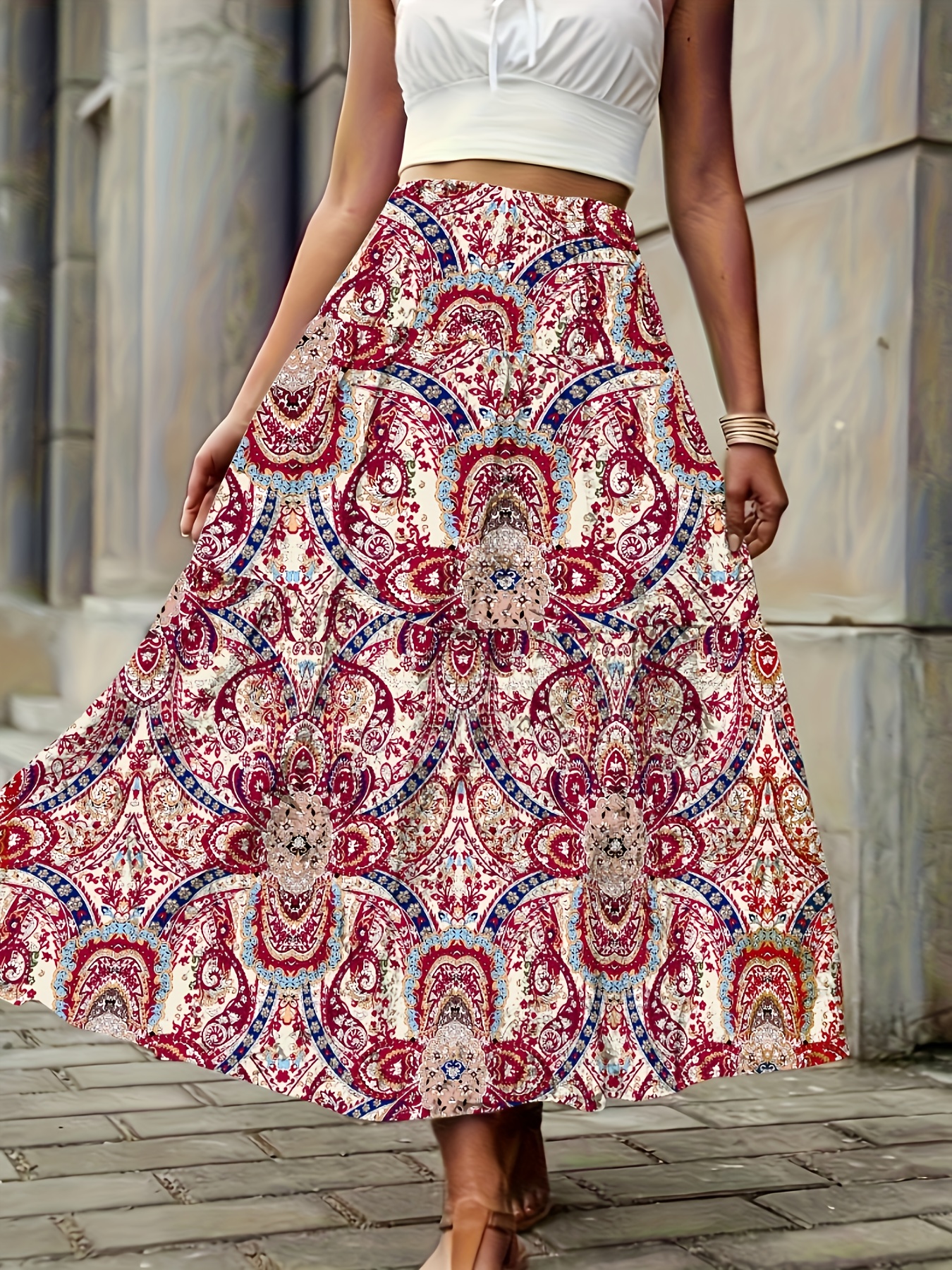 Paisley Print Shirred Waist Skirt Boho Flowy Maxi Skirt Temu Canada