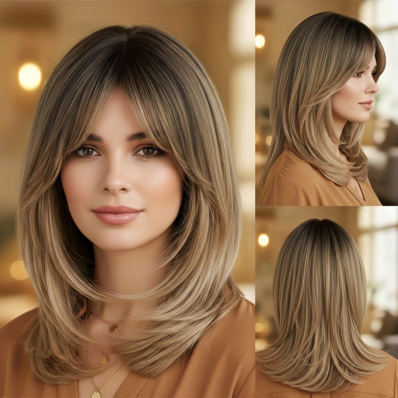 Synthetic Wig Medium Length Straight Brown Ombre Layered With Bangs For Women Cosplay Daily Wear Heat Resistant