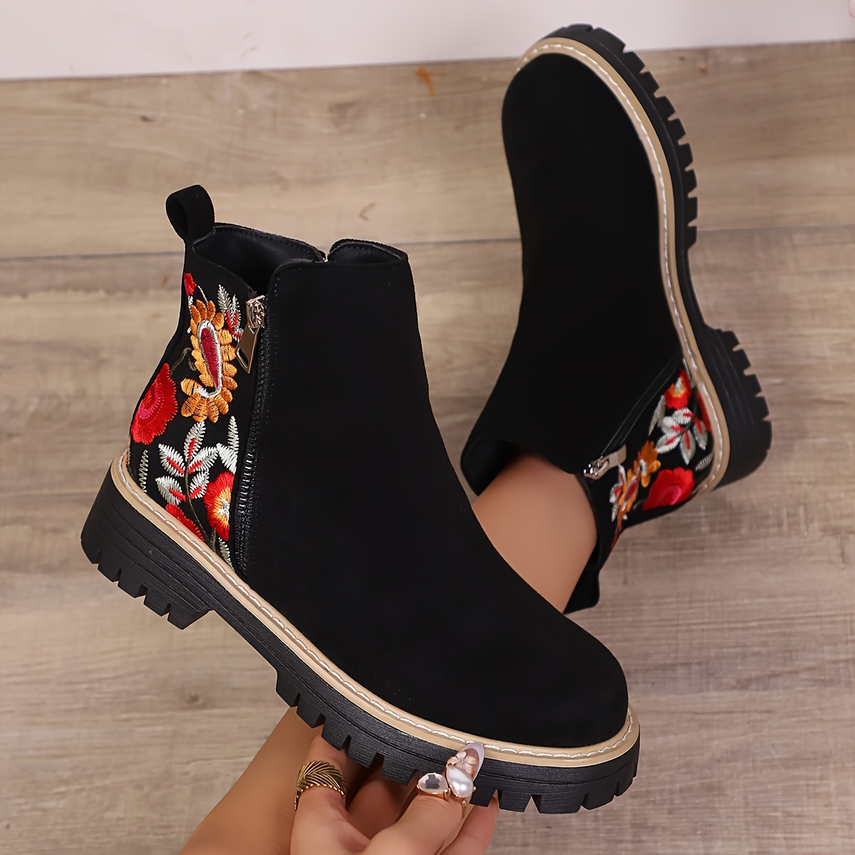 TEMU Classic Embroidered Platform Ankle Boots With Round Toe And Side Zipper For Women, New Chain-embellished Ankle Boots For Daily Outdoor Casual