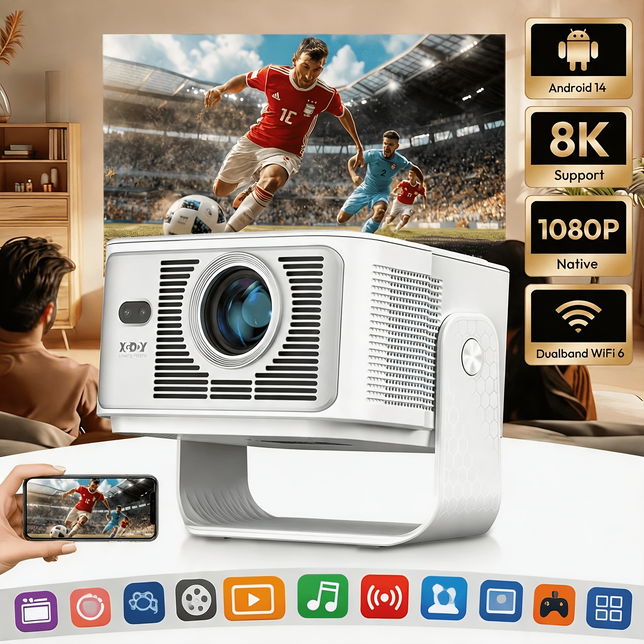 Image of Xgody Gimbal 7 8k Support Projector | 1000 Ansi , Local 1080p, Rotatable Portable Design, 14, Wifi 6, Built-in Speakers & Wireless