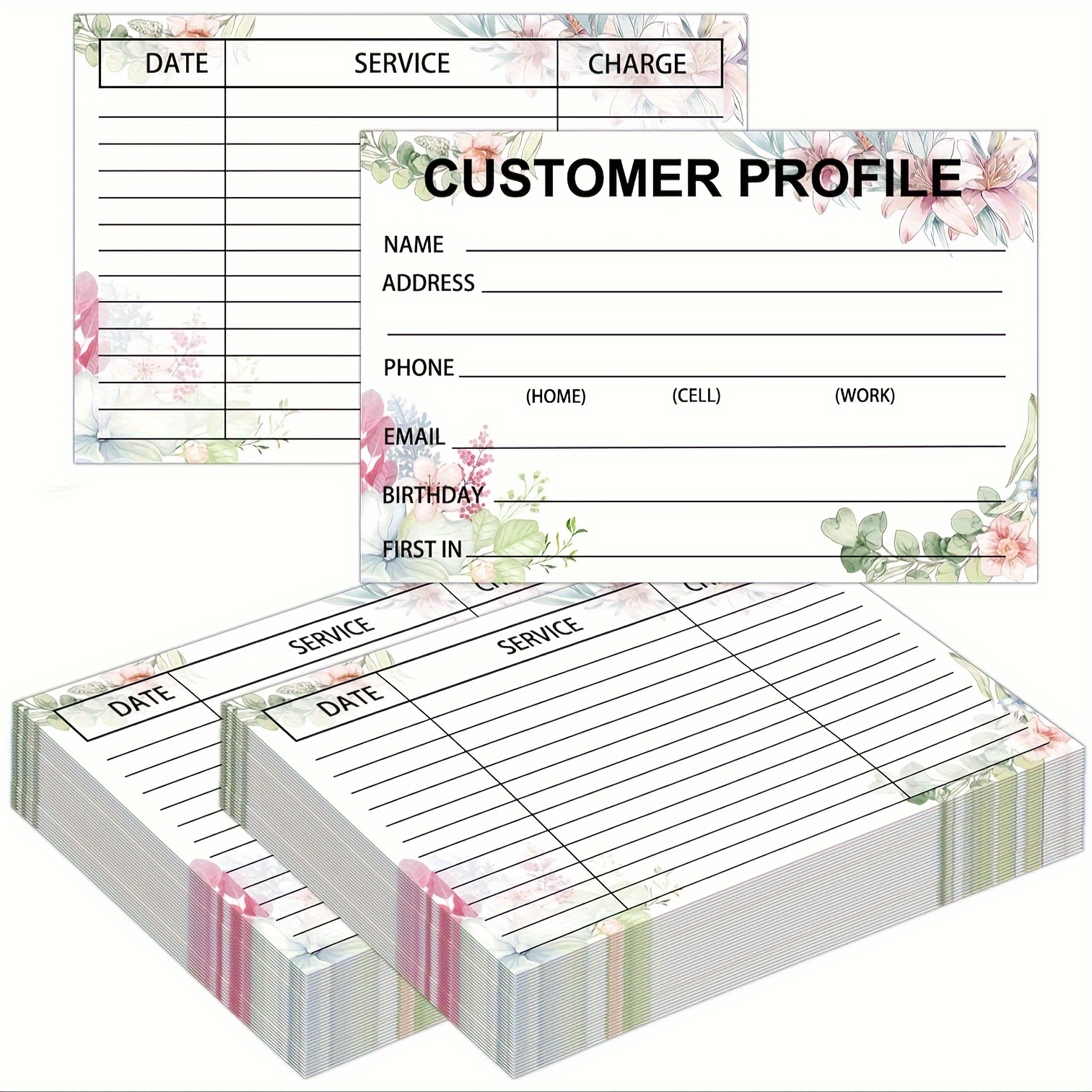 

50-pack Customer Profile Cards, Floral Design, 6x4 Inch, Personalized Client Record Cards, Business Organizer Inserts For Binders, Salon Stylist Customer Information Sheets