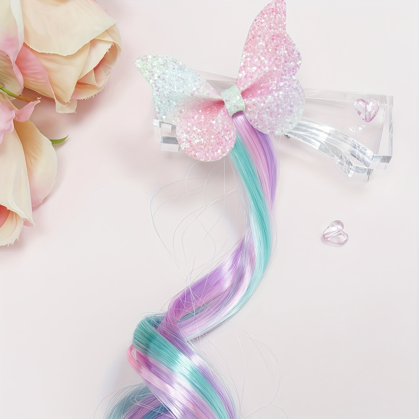 Image of ' Sweet Cute Ombre Curly Hair Hair Clip, Multicolor Gradient Shimmering Star/ Hair Clip, Wig Braided Side Clip Hair Clip Green Pink Purple Hair Strands Extension, Suitable For Daily