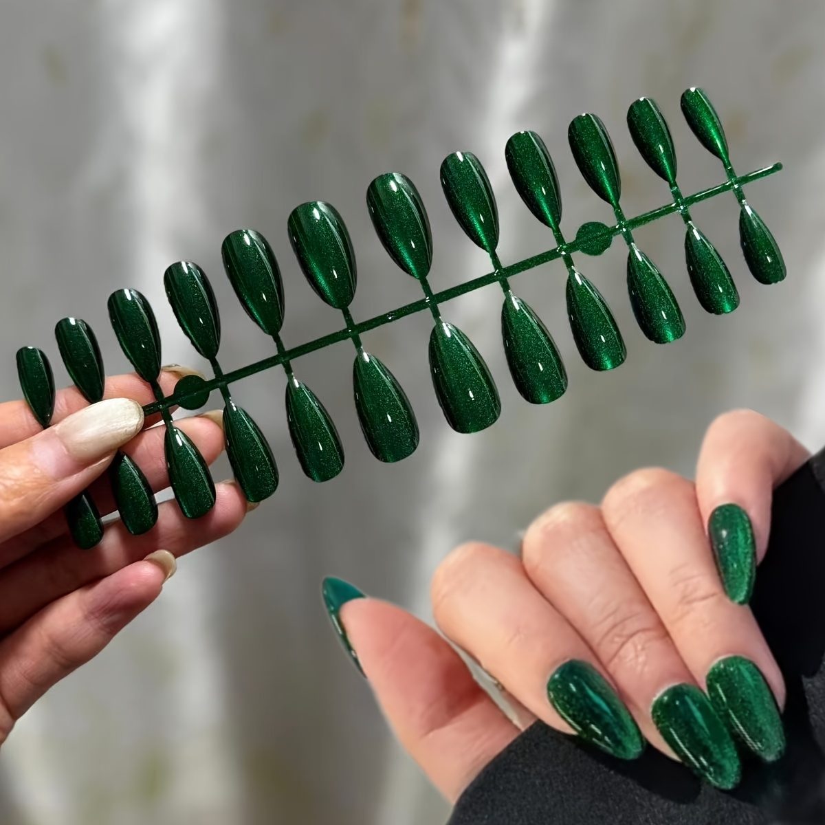 TEMU Green Cat-eye Press-on Almond-shaped Nails, 24pcs Medium-sized Glitter Fake Nails, Thick Dark Medium Almond Shiny Press-on Nails, Fake Nails