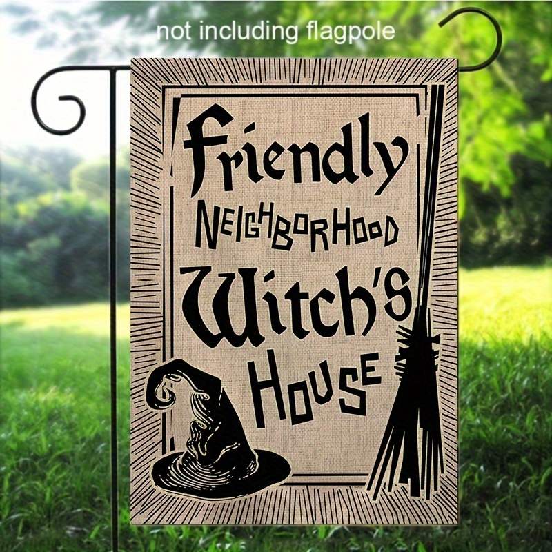 

1pc Friendly Neighborhood Witch's House Double-sided Linen Burlap Garden Flag - 12x18 Inch Multipurpose Outdoor Decoration For Halloween (flag Only, No Pole)