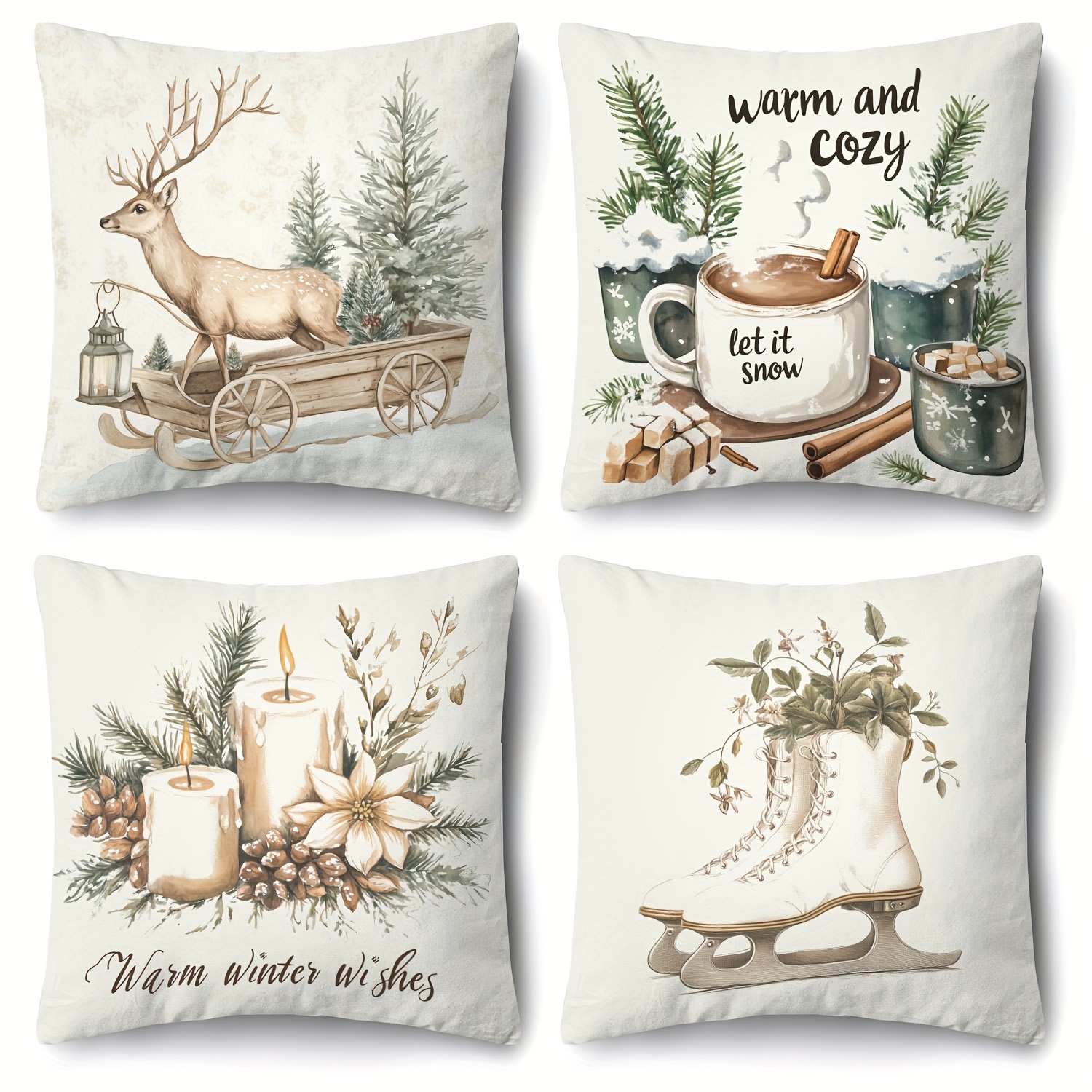 

4- Housse de coussin de 18x18 - Housse de coussin en à - Décoration de coussin de d'hiver , , le canapé - Caractéristiques : cerfs, patins, bougies, messages - Lavable en , unilatérale