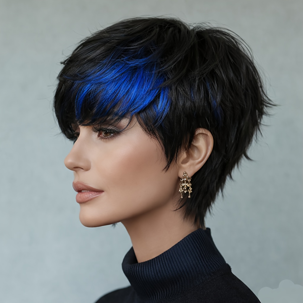 Image of Short Blue Cut Wigs Made From Brazilian Human Hair, Featuring 180% Density With A Blend Of Black And Blue. Ideal For Everyday Use, Cosplay, Parties, And Music Festivals