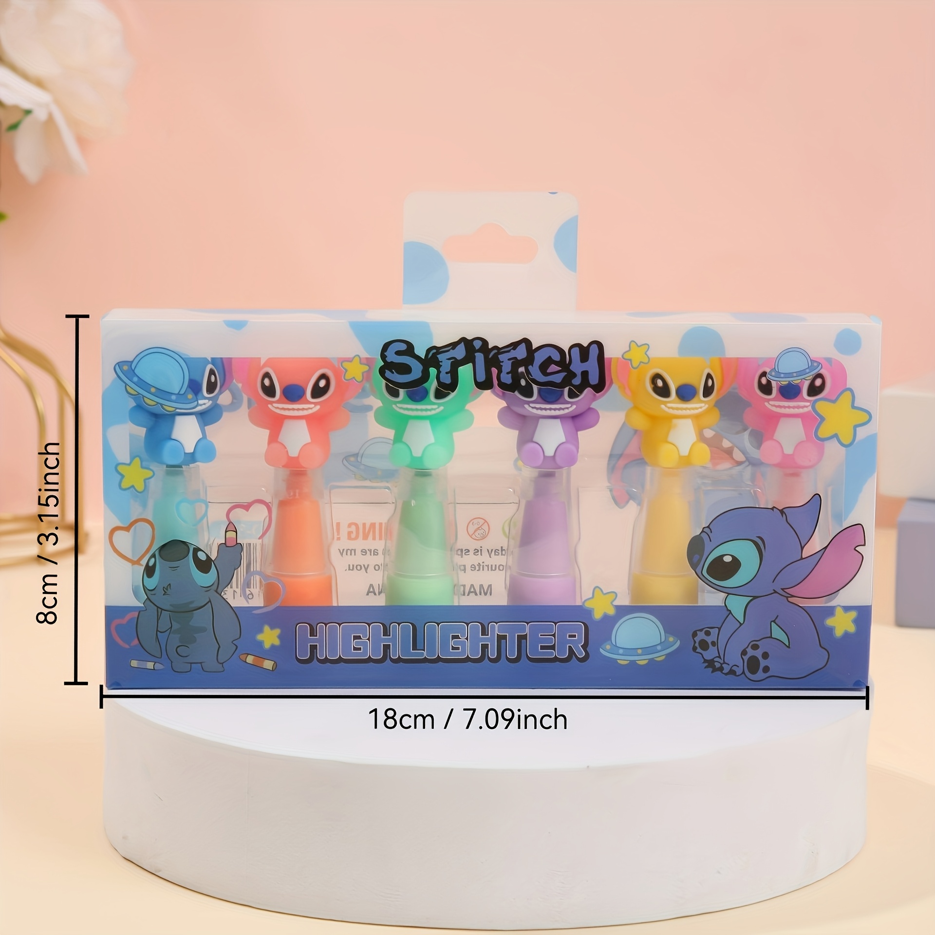 TEMU Stitch Highlighters | 6- Fluorescent Markers | Design de dessin animé pour les étudiants et les adolescents | Highlighters de couleur bleue et