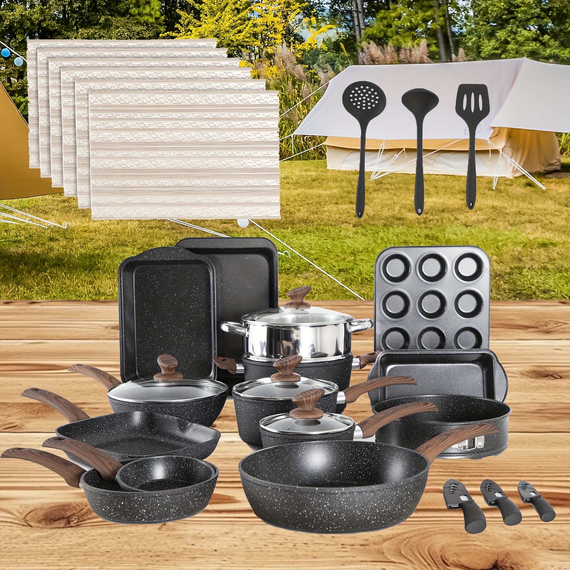 

Mix Patio Outdoor Pots And Pans Set Nonstick 12/17/30pcs Induction Cookware Set For Outdoor Camping, Granite Coating Cooking Pans Set