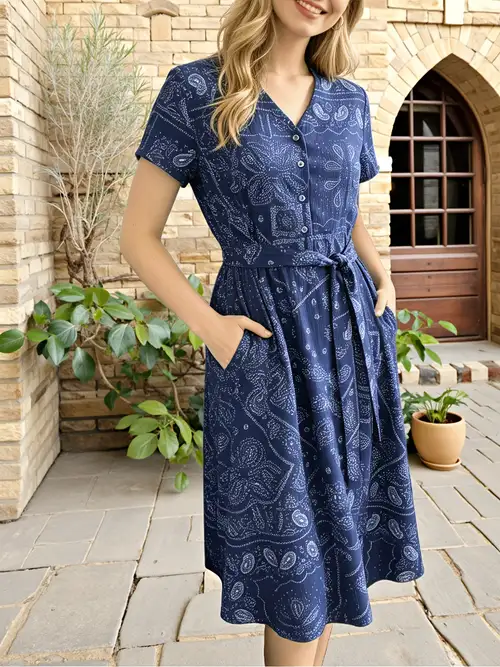 Women's Vintage Blue Print Midi Dress, V-Neck Button Shirt Dress with Pockets & Belt, Casual * Vacation Wear for Ladies Women's Vintage Blue Print Midi Dress, V-Neck Button Shirt Dress with Pockets & Belt, Casual * Vacation Wear for Ladies
