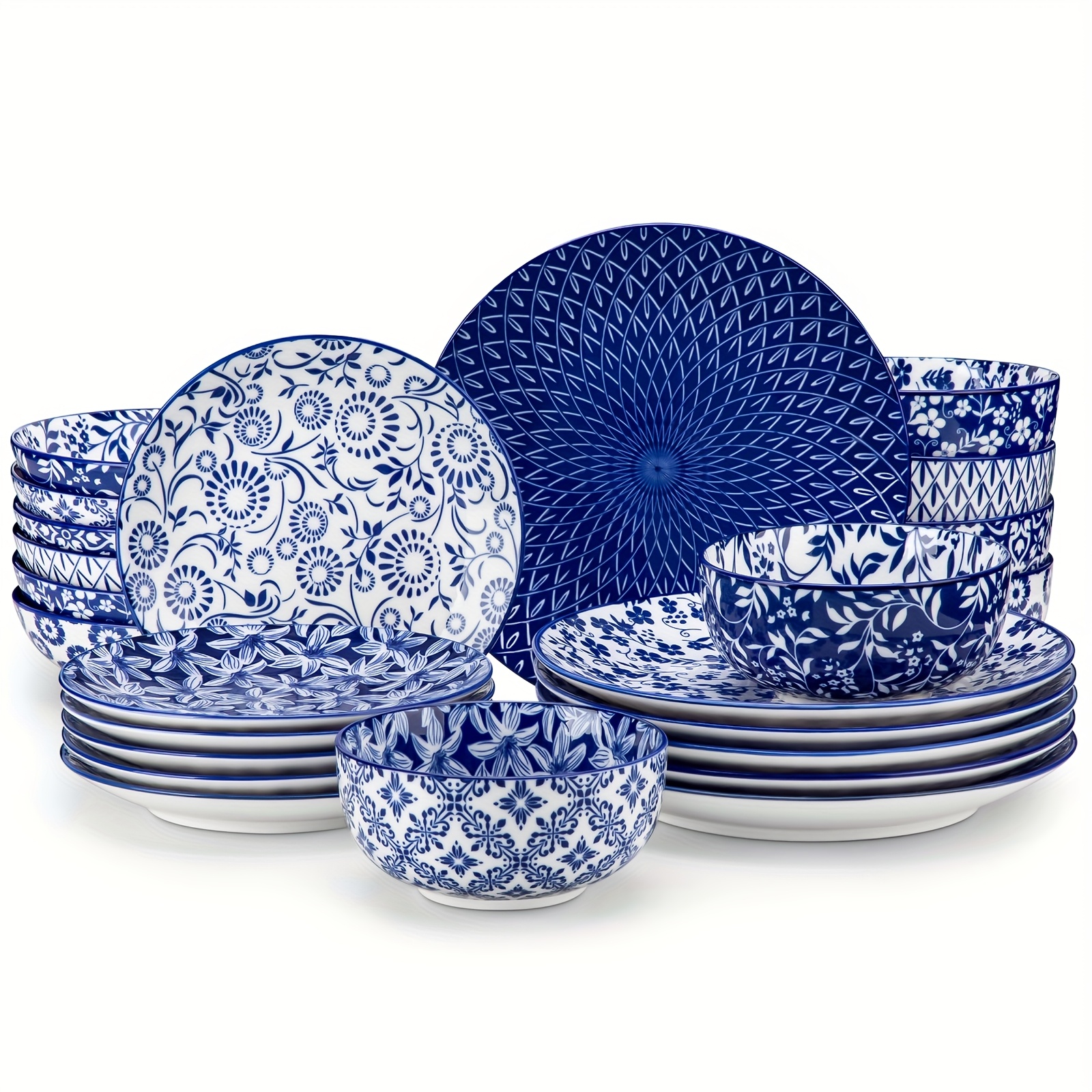24pcs Dinnerware Set Blue-and-white Porcelain Tableware With Dinner Plate, Dessert Plate, And Cereal Bowl Service For 6