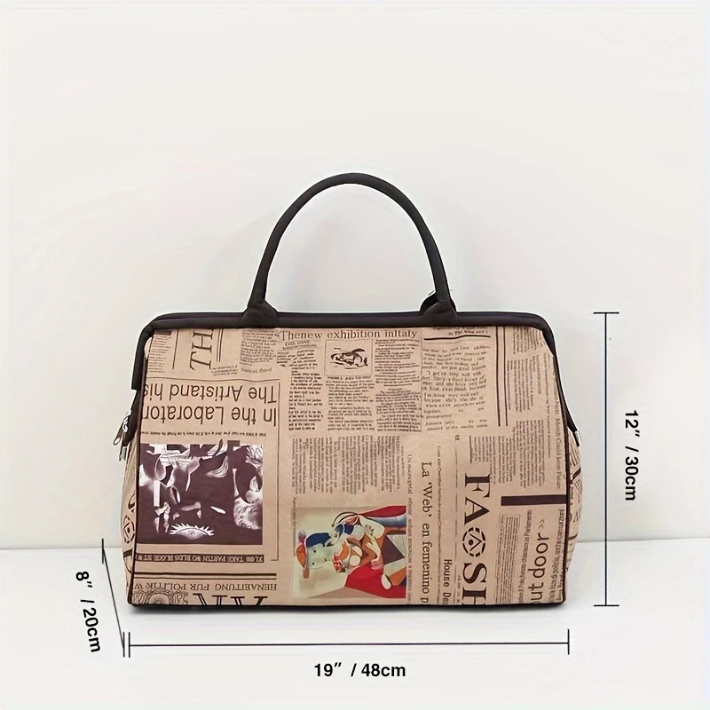 stylish travel bag with unique newspaper print and removable clutch for women your perfect travel companion details 0