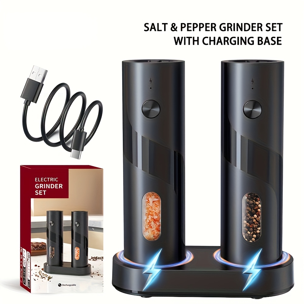 Electric Salt And Pepper Grinder (single Unit -pack ), 2-pack With Charging Base, One-handed Adjustable Coarseness, Battery Powered, Kitchen Table Seasoning Tool Or Gift, Minimalist