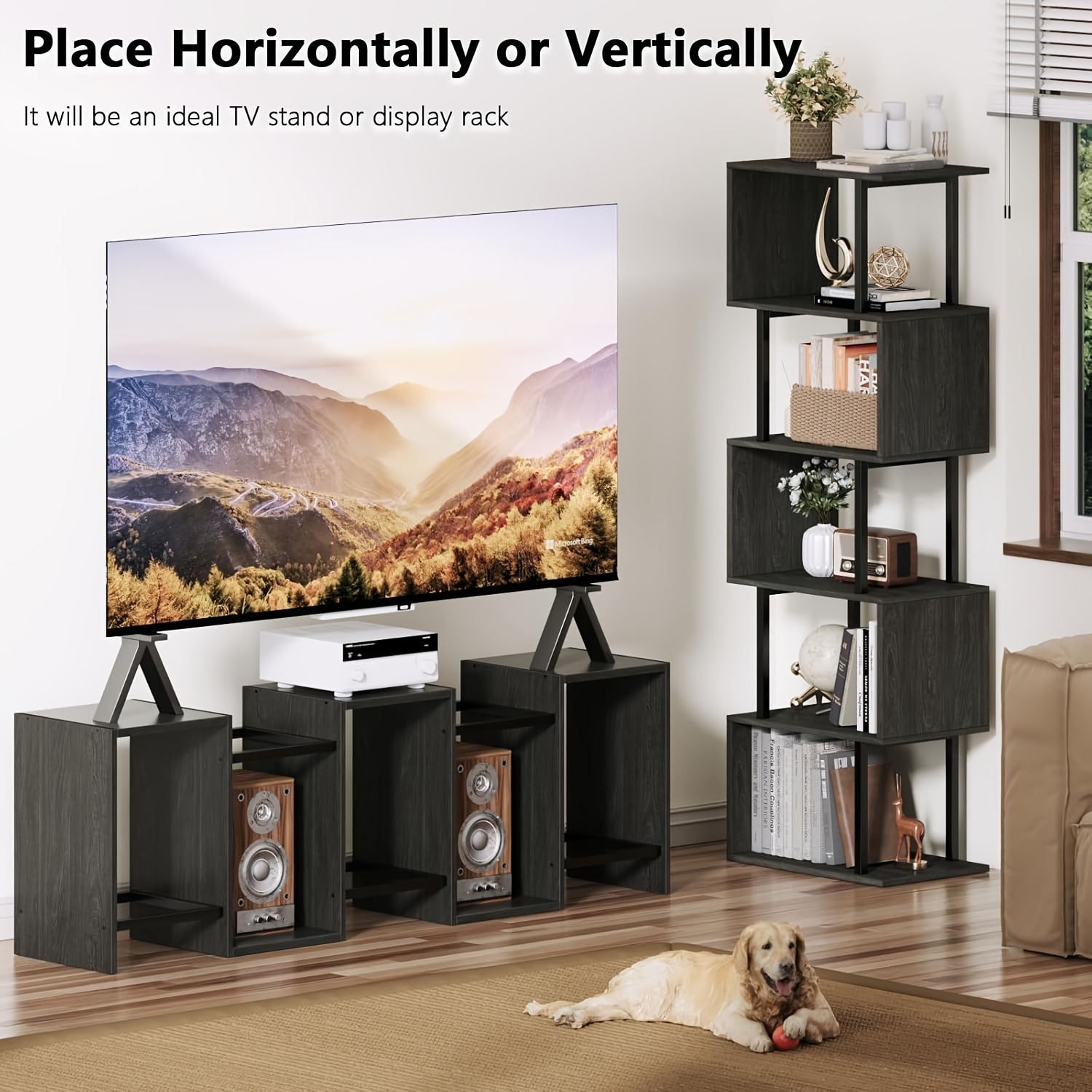 6-Tier Tall Bookshelf, Lofty Geometric Book Cabinet, S-Shaped Industrial-Style Display Freestanding Bookshelf, Metal And Wood Decorative Storage Partition Rack, Suitable for Bedroom, Living Room, Office, Black/White